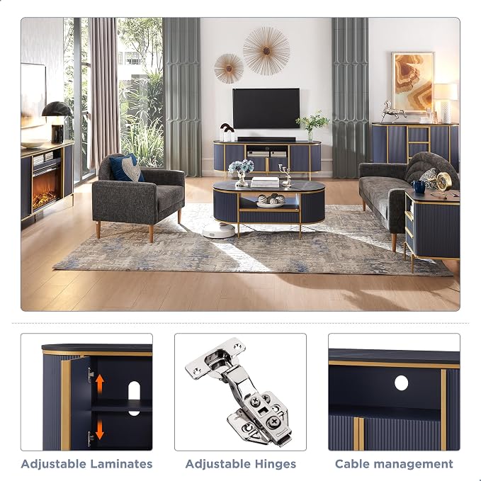 OKD 70" Fluted TV Stand with Storage, Faux Marble Top Entertainment Center - Image 5