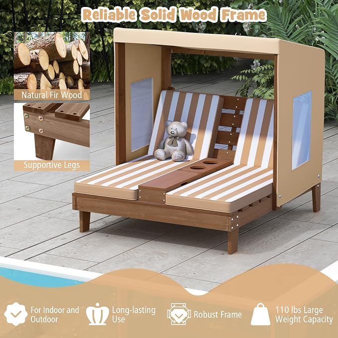 HONEY JOY Kids Chaise Lounge Chair Outdoor, Toddler Wood Double Pool Lounger - Image 7