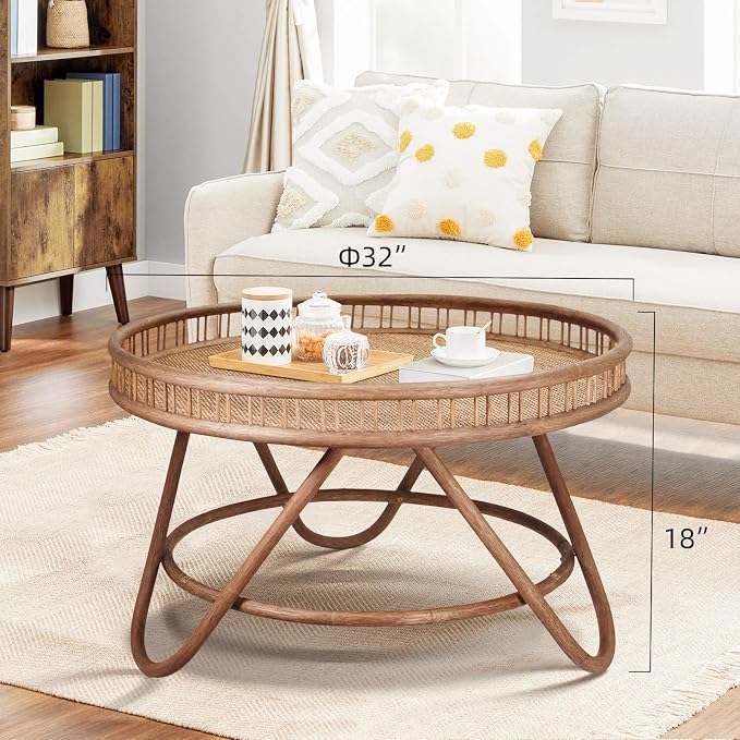 FINECASA Boho Rattan Coffee Table Round, Handwoven Modern Style Round Wicker - Image 2
