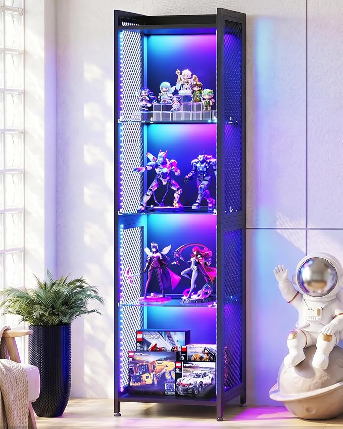 AODK Display Case with LED Lights, Display Cabinet with Open Glass Shelves by AODK