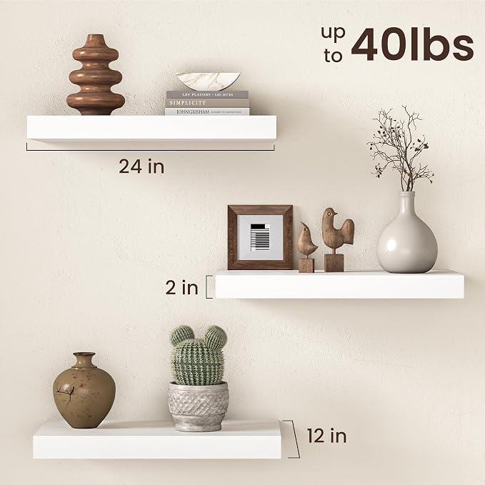 Fun Memories 12 Inch Deep White Floating Shelf, 24 x 12 Rustic Wood Wall Shelf - Image 2