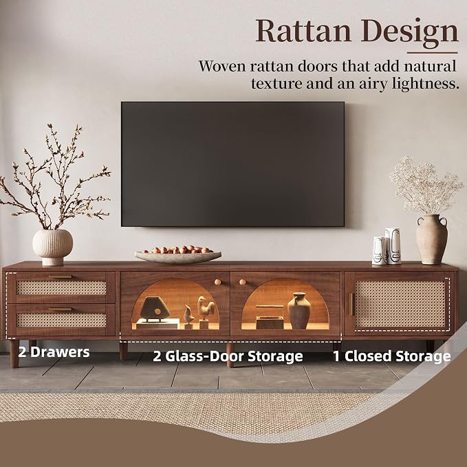 Merax Rattan TV Stand with LED Lights, Solid Wood Feet, Living Room, Bedroom - Image 4