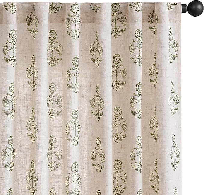jinchan Linen Floral Curtains for Living Room 63 Inch Length Green Flower by JINCHAN