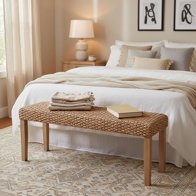 Indoor Bench Wicker for Entryway Bench, Wood Bench for Living Room Dining Bench - Image 2