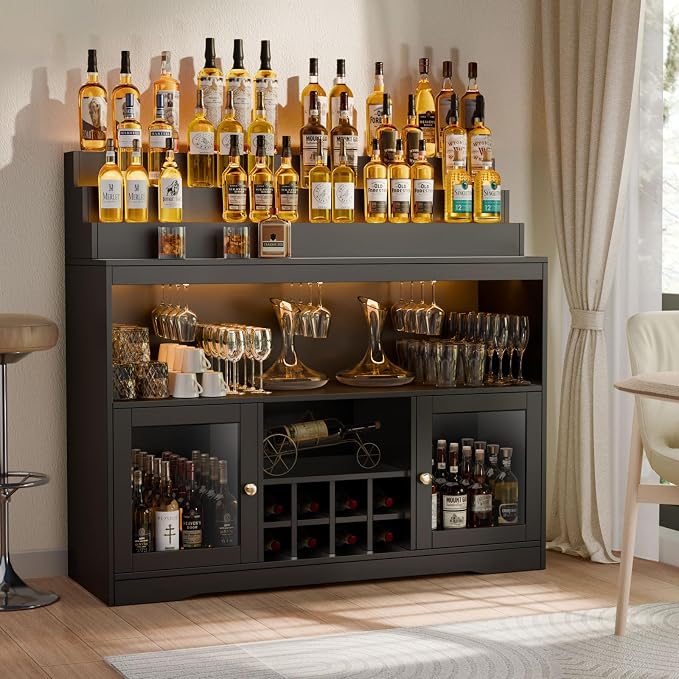 Loomie Wine Bar Cabinet with LED Lighted Liquor Bottle Display Shelf, Liquor - Image 8
