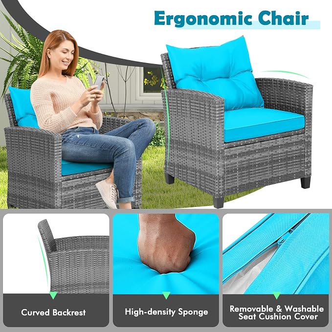 HAPPYGRILL 3 Pieces Patio Conversation Set, Outdoor Furniture Set PE Rattan - Image 4