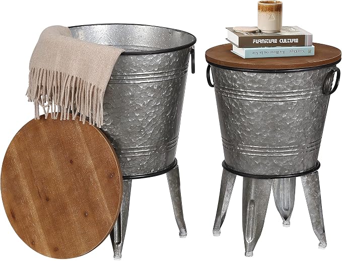 Rustee Rustic Storage Farmhouse Accent Side Table, Antique Galvanized Metal End by Unknown