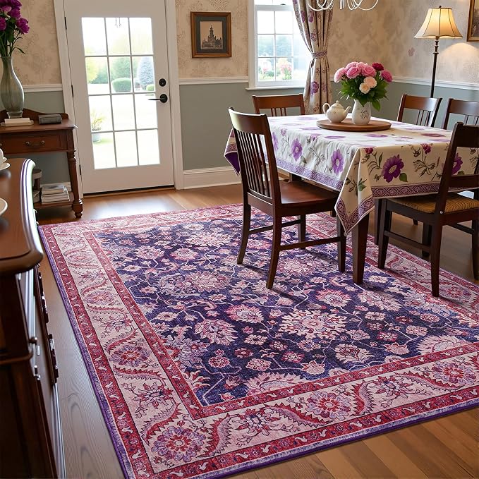 Purple Area Rugs for Living Room, 4x6 Washable Rugs for Bedroom, Non-Slip Retro - Image 7