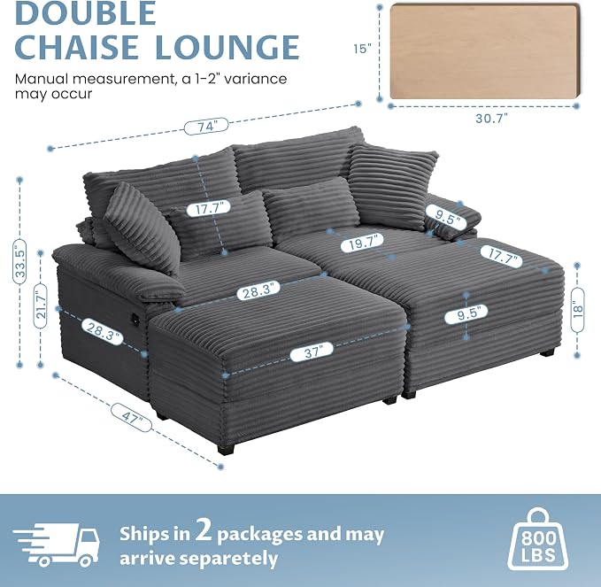 SUNWAVE 74" W Double Chaise Lounge Chair Indoor, Oversized Loveseat - Image 2