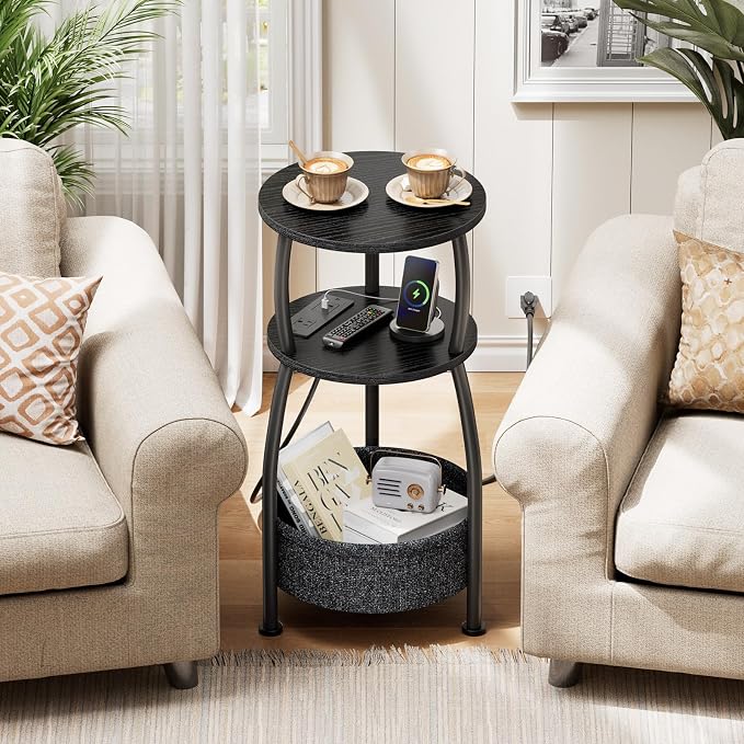 Round Side Table with Power Outlets, Small Coffee Table with S Basket, Space - Image 4