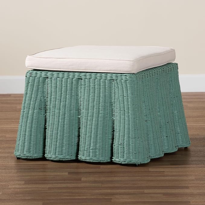 Bali & pari Palm Bohemian Seafoam Green Scallop Rattan Ottoman - Image 7