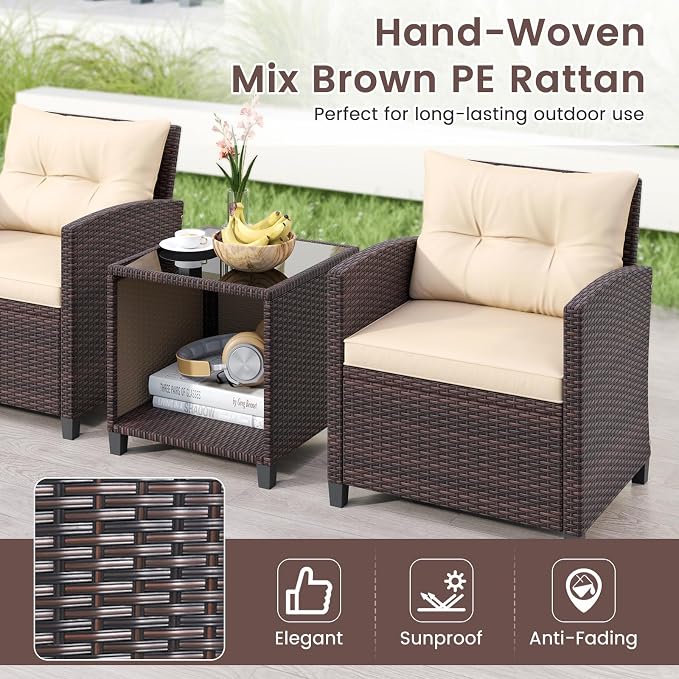 HAPPYGRILL 3 Pieces Patio Conversation Set, Outdoor Rattan Wicker Chairs & - Image 6