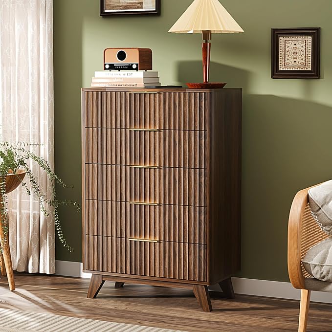 VINGLI Fluted Tall Dresser 5 Drawer Chest of Drawers, Walnut Wood Dresser - Image 7