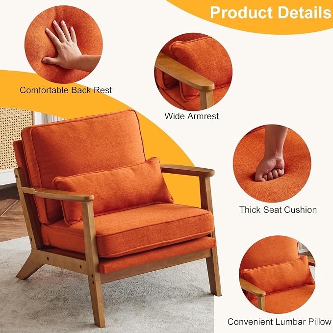 Karl home Accent Chair Wide Armrest Mid-Century Lounge Chair Linen Fabric - Image 3
