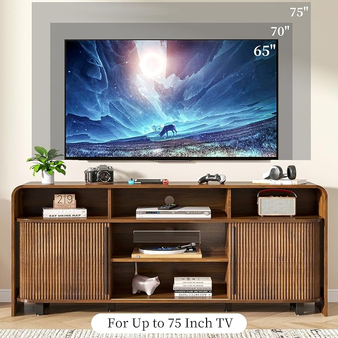 Walnut TV Stand for 65 70 75 Inch TV, Fluted Mid Century Modern TV Console - Image 4