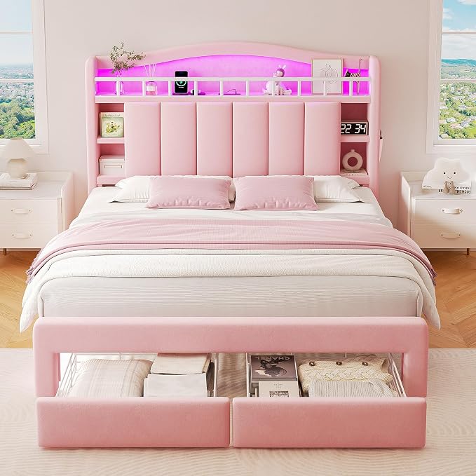 Full LED Bed Frame with Storage Headboard & 2 Storage Drawers, Princess Velvet - Image 3
