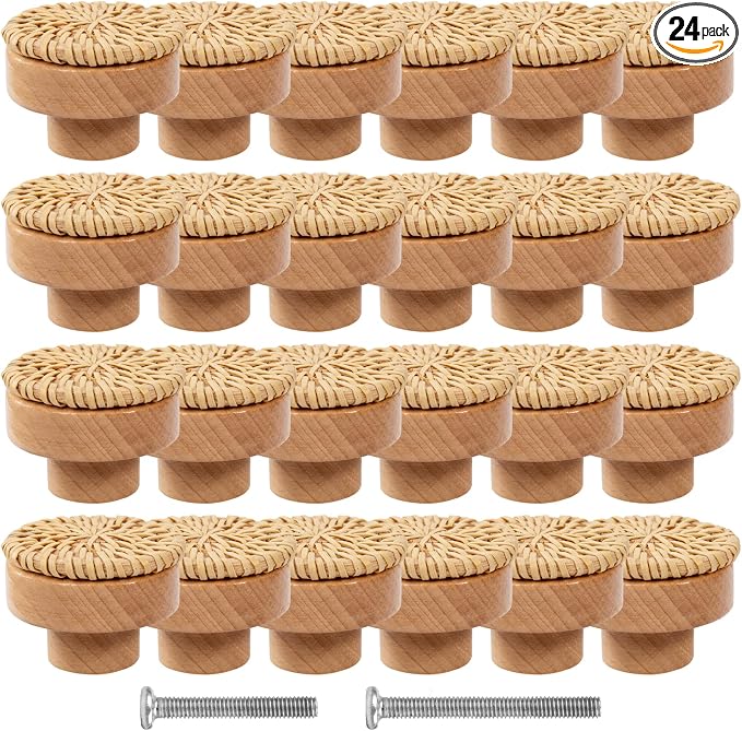 ANPHSIN 24 Pack Boho Rattan Cabinet Dresser Knobs- Durable Beech Wood Drawer by ANPHSIN