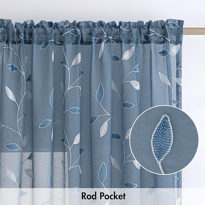 MIULEE Stone Blue Sheer Curtains 2 Panels Embroidered Leaf Patterned Rod Pocket - Image 6