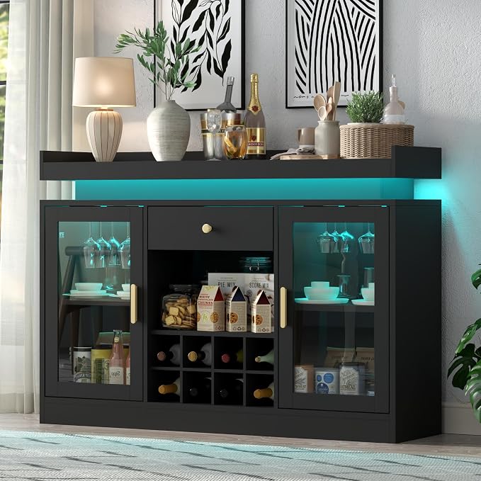 Wine Bar Cabinet with LED Light, Home Coffee Bar Cabinet with Wine and Glass by AuromieDirect