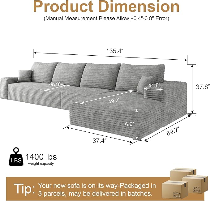 136" Sectional Couches for Living Room Cloud Couch Sofa - Image 2