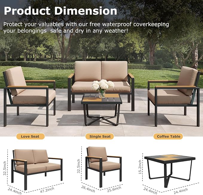 4-Piece Outdoor Patio Furniture Set, Metal Conversation Sofa Set - Image 2