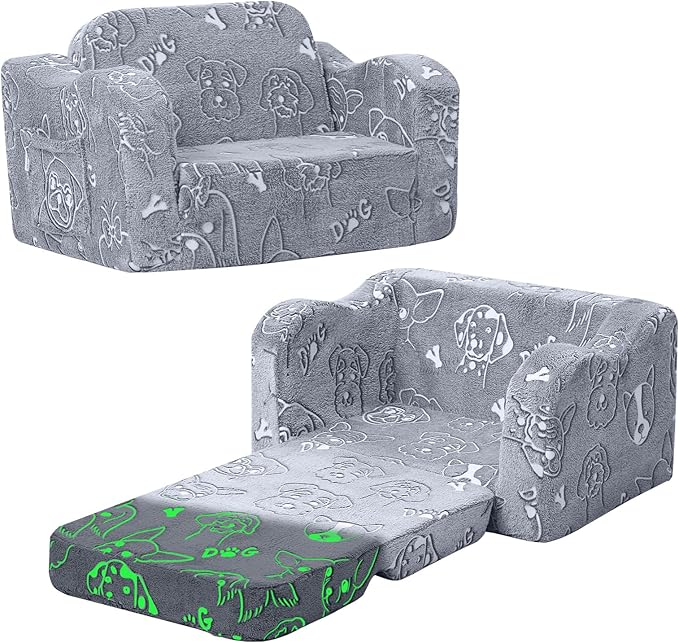 MeMoreCool Glowing Dog Print Kids Chair, 2-in-1 Foldable Kids Couch by MeMoreCool