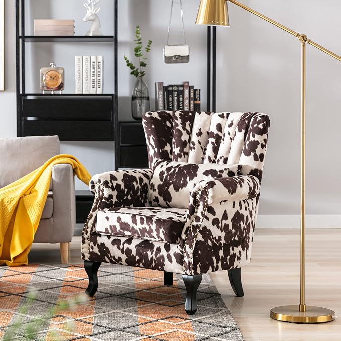 Cow Print Accent Chair Modern Velvet Armchair Tufted Wingback Club Chair Single - Image 6