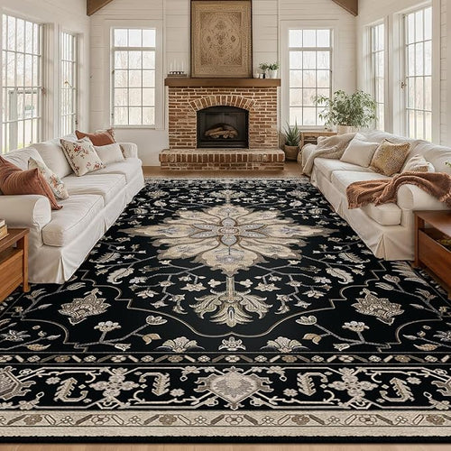 Area Rugs 10'x12' Washable Non-Slip, Floral Vintage Distress Print Pattern by RELEANY