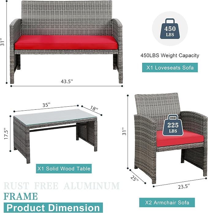 SUNLEI 4 Pcs Outdoor Patio Furniture Sets, Rattan Chair Wicker Conversation Set - Image 2