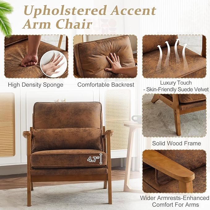 VINGLI Solid Wood Wide Armrests Accent Chair, Upholstered Mid Century Modern - Image 5