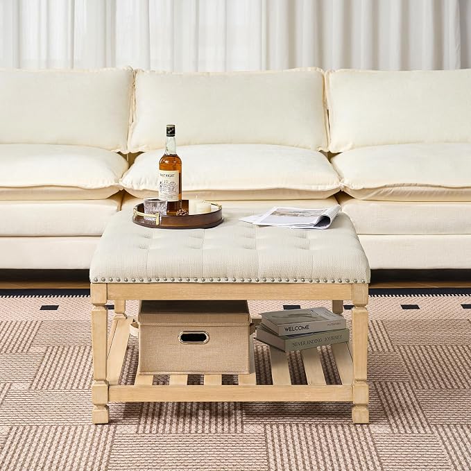 Befurtori Large Square Ottoman Coffee Table, Linen Solid Upholstered Footrest - Image 4