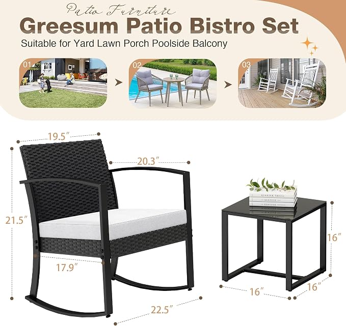 Greesum 3 Pieces Outdoor Furniture Set Patio Bistro Rocking Chairs - Image 7