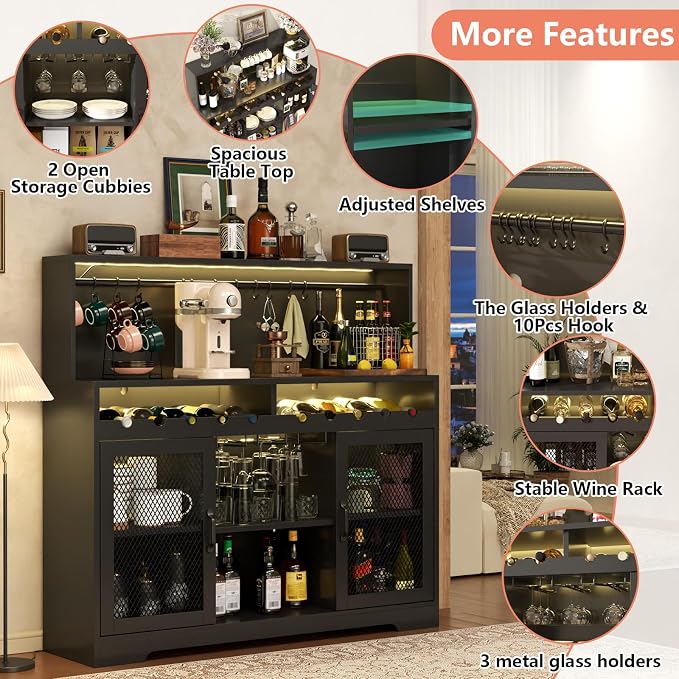 Loomie Wine Bar Cabinet with LED Light, Liquor Cabinet with Glass Holder - Image 8