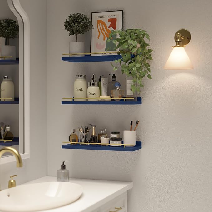 WOPITUES Floating Shelves with Gold Metal Guardrail, Shelves - Image 5