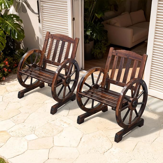 VINGLI Rustic Wooden Wheel Bench Outdoor Bench, Patio Bench Wagon Slatted Seat - Image 9
