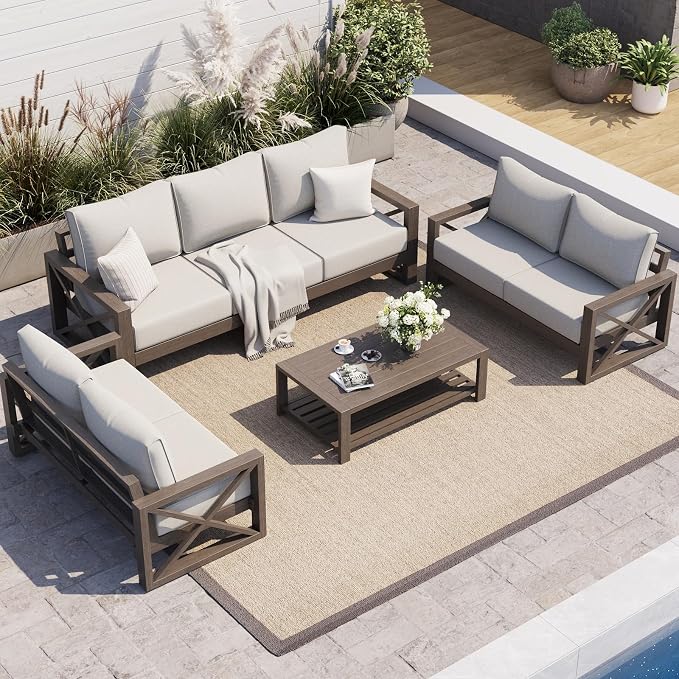 UDPATIO Aluminum Patio Furniture Set, Faux Wood Grain Modern Outdoor Furniture by UDPATIO