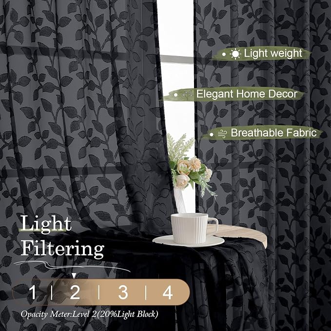 Chyhomenyc Black Sheer Curtains 63 Inch Length 2 Panels Set, Light Filtering - Image 2