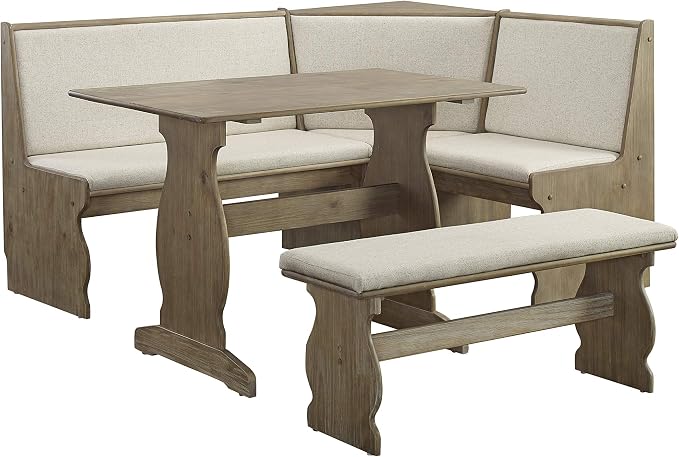 Linon Lucy Natural Wood and Linen Upholstered Corner Nook Kitchen Dining Set by Linon