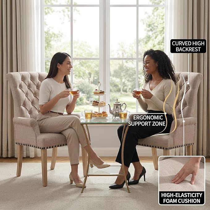 Modern Backrest Cushioned Dining Chair, Button Decorated Armrest Linen Chair - Image 3