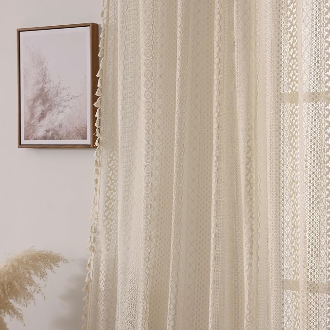 WAZZIO Boho Lace Curtains 108 Inch 2 Panel, Light Filtering Privacy Tassel & - Image 4