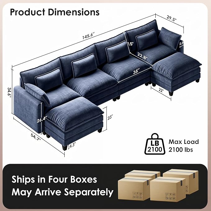 Marsail Modular Sectional Sofa 145.6" U-Shaped Modern Comfy Cloud Couch - Image 2