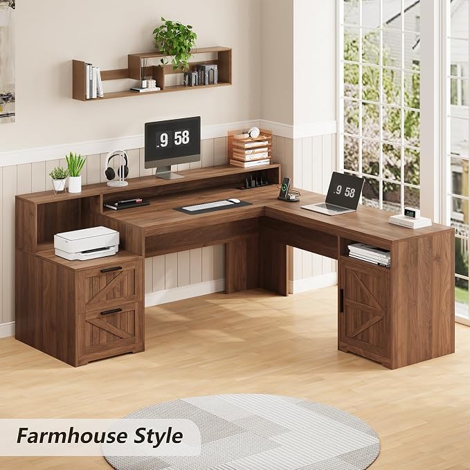 YOMILUVE 63" Farmhouse L Shaped Executive Desk - Image 3