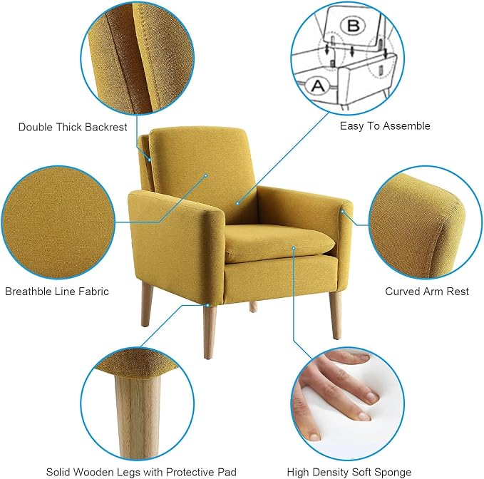 Mid-Century Modern Accent Chair, Linen Fabric Upholstered Comfy Reading Leisure - Image 5