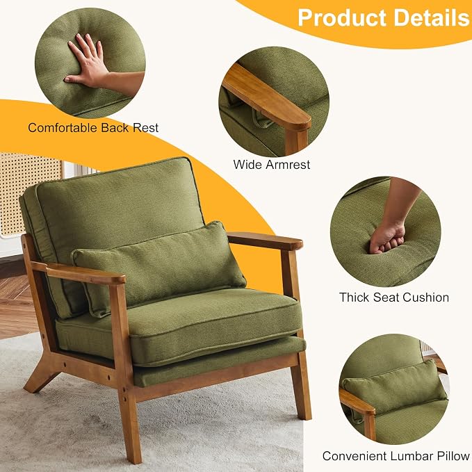 Karl home Accent Chair Wide Armrest Mid-Century Lounge Chair Linen Fabric - Image 3