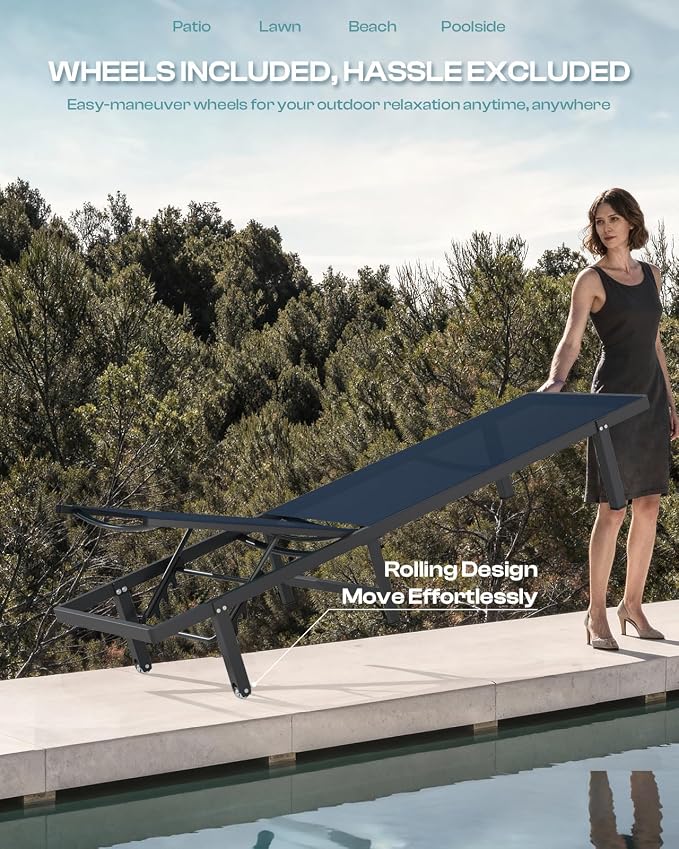 Lounge Chair Outdoor with Wheels, Aluminum Patio Chaise Lounge Chair with 5 - Image 5