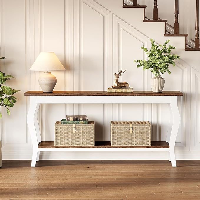 LITTLE TREE 70.9 Inches Long Console Table, 2-Tier Vintage Wooden Sofa Table - Image 6