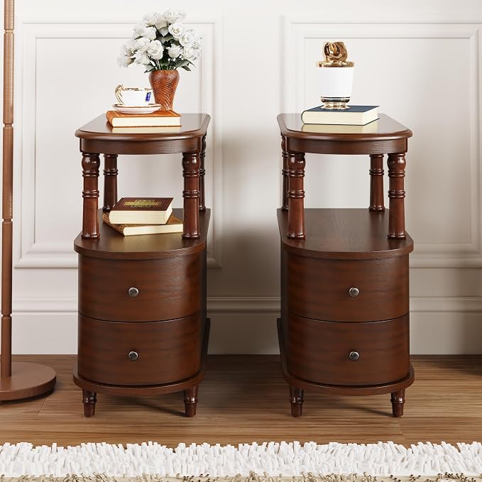 Narrow End Table Set of 2 with 2 Storage Drawers, Vintage Sofa Beside Table - Image 4