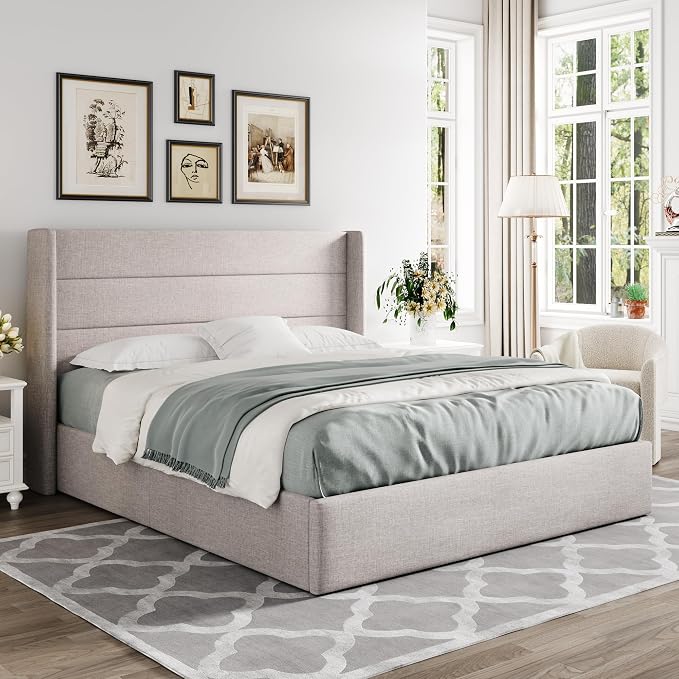 Allewie Queen Size Lift Up Storage Bed, Modern Wingback Headboard, Hydraulic - Image 8