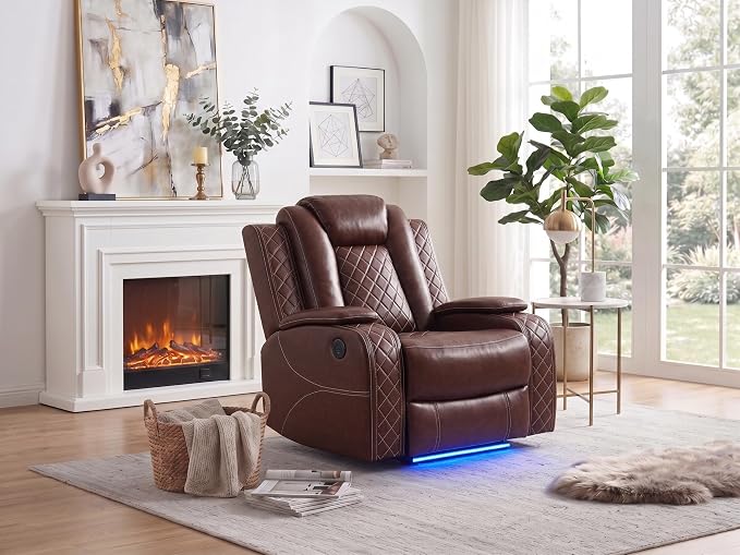 Power Recliner Chair with LED Lights, Leather Manual Recliner 1 Seat, Living by Unknown
