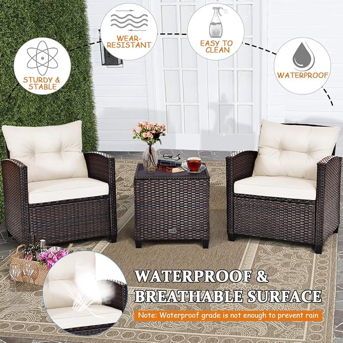 HAPPYGRILL 3 Pieces Patio Conversation Set, Outdoor Furniture Set PE Rattan - Image 5